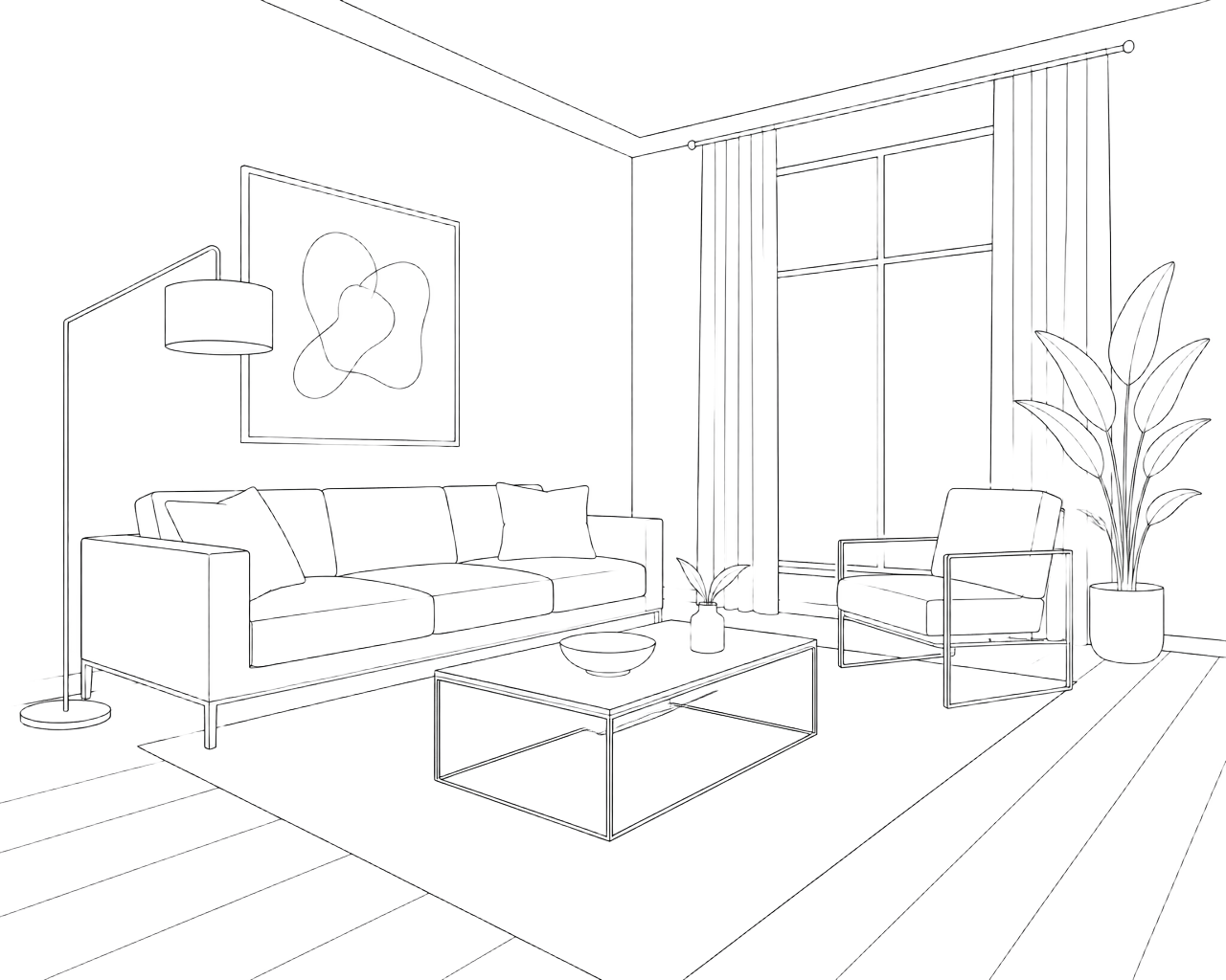 Interior living room line sketch